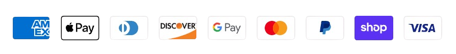 Payment methods: American Express, Apple Pay, Diners Club, Discover, Google Pay, Mastercard, PayPal, Shop Pay, Visa